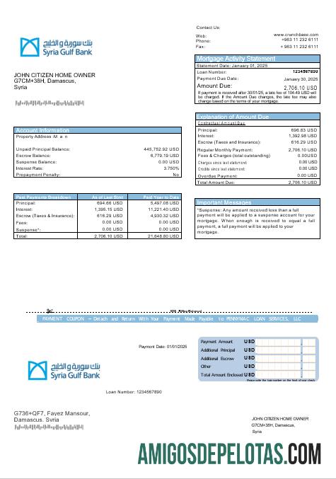 Declaração de hipoteca do Banco do Golfo Sírio em formatos Word e PDF exemplo real
